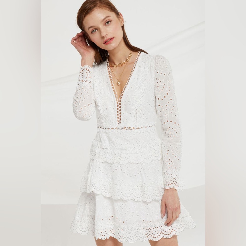 Aqua Women's Small White Lace Eyelet Long Sleeve Mini Dress Tiered Ruffl…